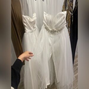 Elegant White Strapless Gown with Tulle Overlay